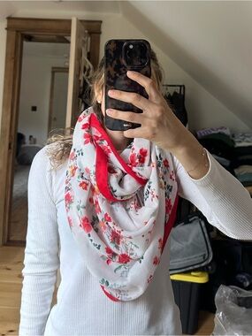 LOFT White and Bright Red Floral Accent Scarf